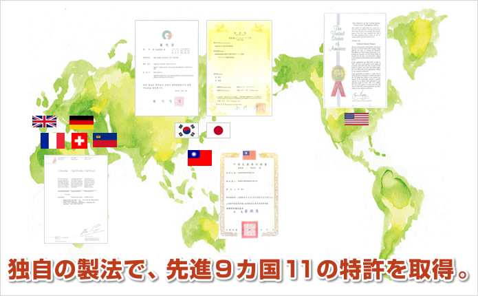 独自の製法で、先進９カ国11の特許を取得。