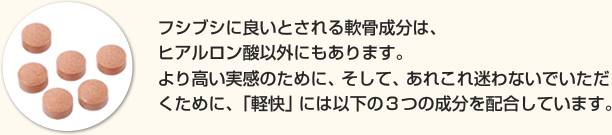 フシブシに良いとされる軟骨成分は、ヒアルロン酸以外にもあります。より高い実感のために、そして、あれこれ迷わないでいただくために、「軽快」には以下の３つの成分を配合しています。